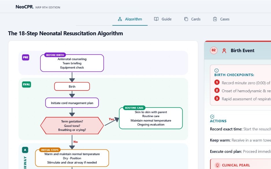 El algoritmo interactivo de reanimación de NeoCPR, con el panel de detalle clínico de un paso abierto, capturado de la app real