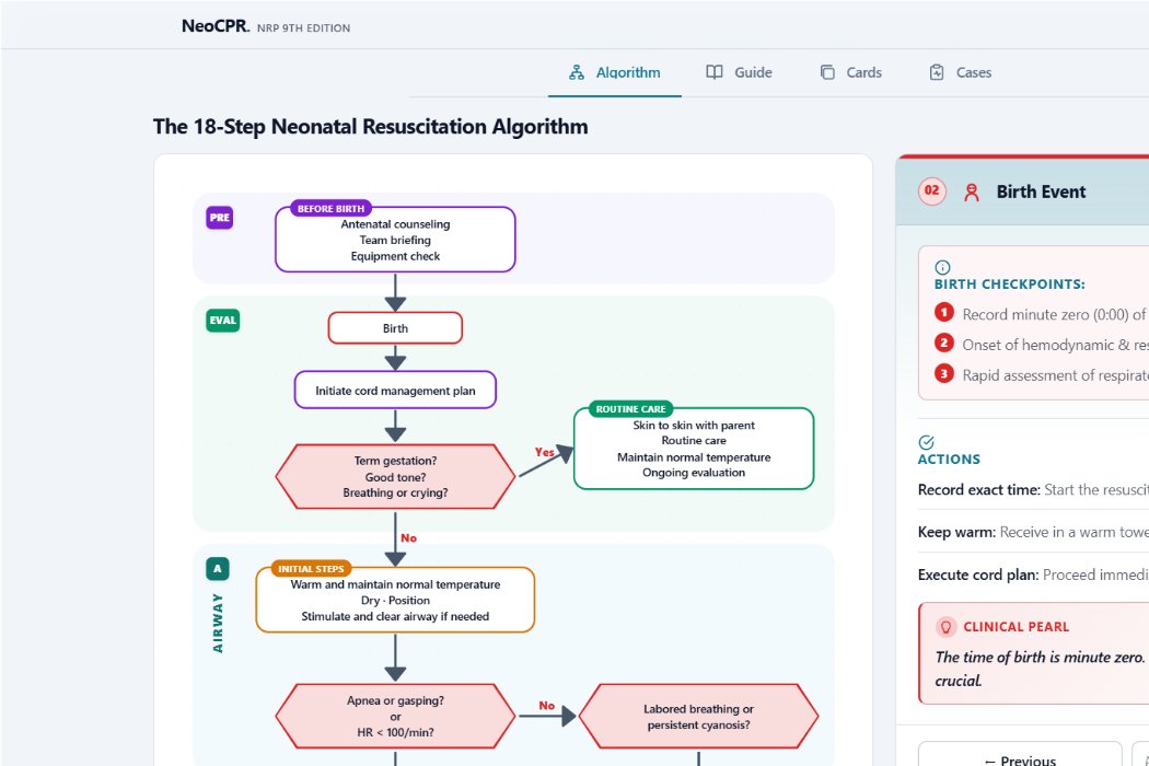 The NeoCPR interactive resuscitation algorithm, with a step's clinical detail panel open, captured from the live app