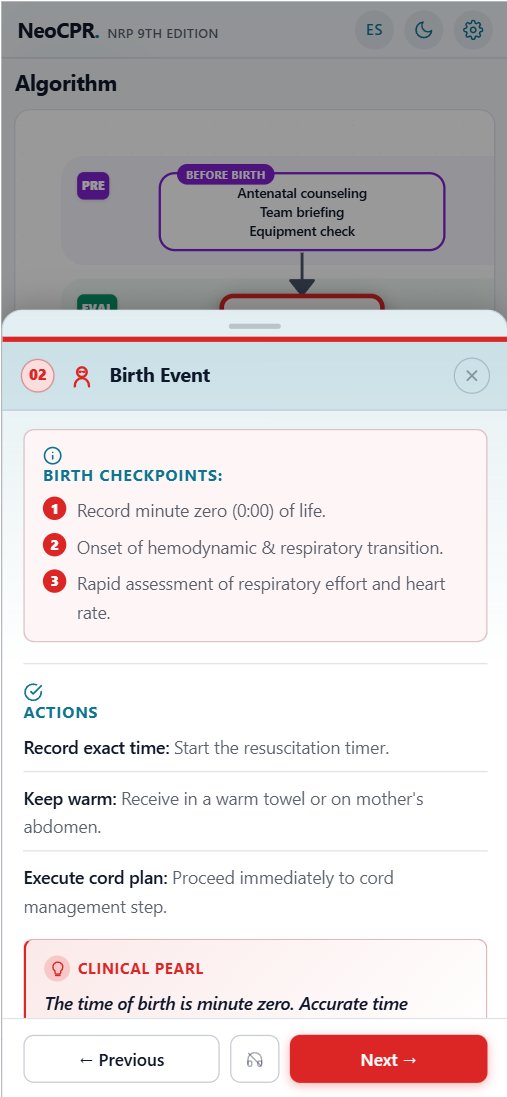 The NeoCPR interactive resuscitation algorithm on mobile, captured from the live app