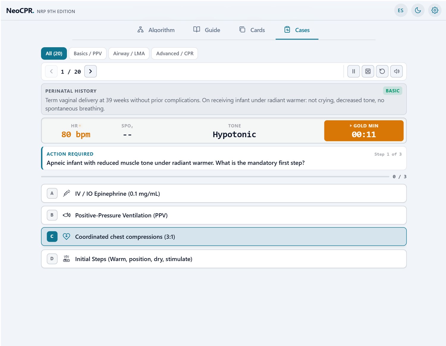 NeoCPR practice cases view