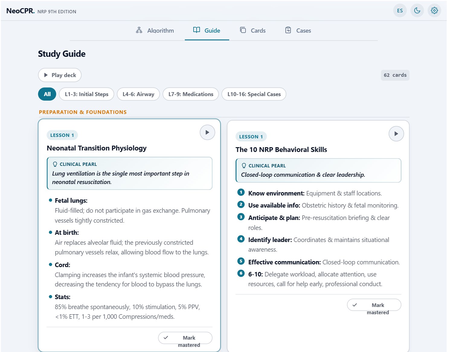 NeoCPR study guide view